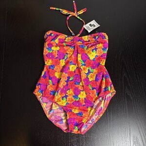 Vintage 90s Womens L (Fits Small) One-Piece Halter Swimsuit Neon Floral Print